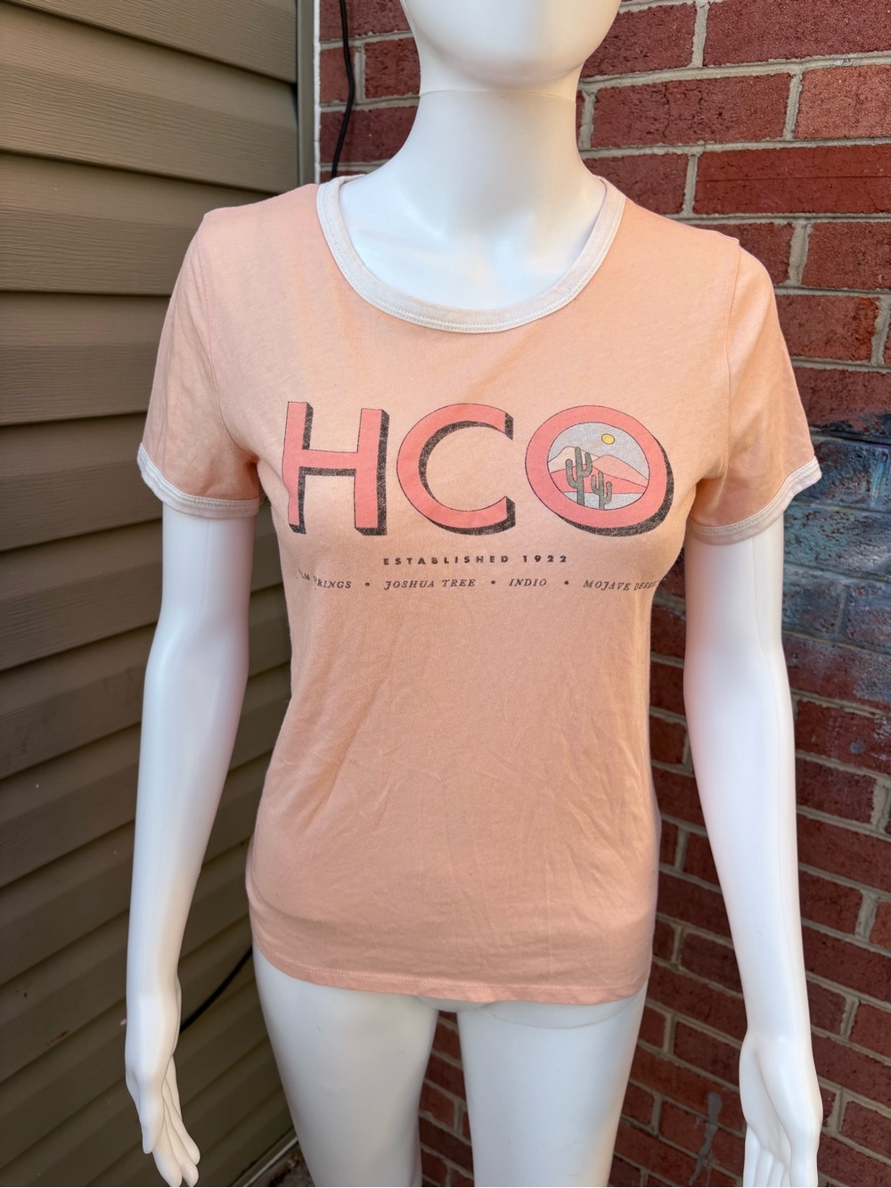 HOLLISTER PEACH ORANGE DESERT GRAPHIC RINGER T SHIRT SIZE MEDIUM